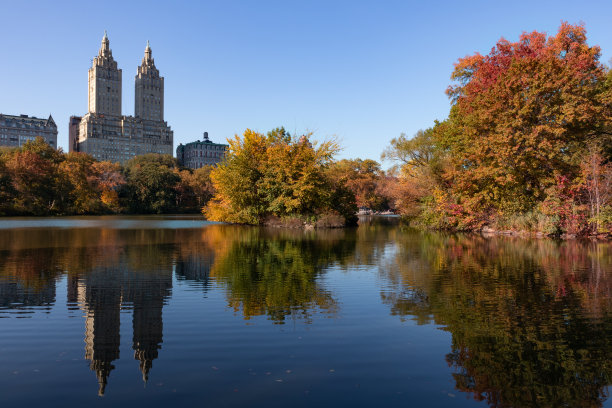 秋季，纽约中央公园的湖，上西区的天际线倒影和五颜六色的树木图片下载