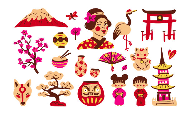 日本手绘元素向量集。日本漫画收藏。旅游，去日本旅游。传统的亚洲符号孤立了。插图大集:樱花、富士山、达摩、儿童、妇女、大门图片下载
