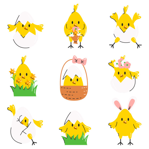 有趣可爱的复活节小鸡，鸡蛋，鲜花和篮子图片下载