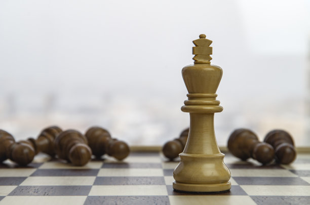 棋王在棋盘上躺着的棋子中间。理念:领导与竞争。图片下载