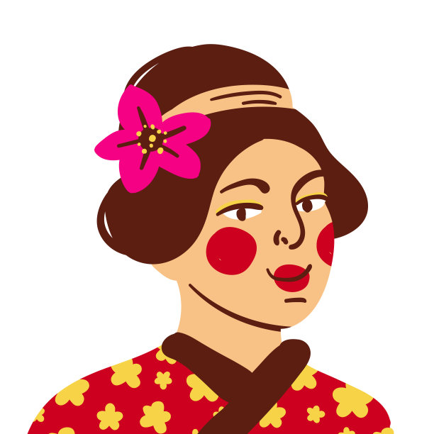 美丽的日本女子肖像与传统的红色和服，发型，民族日本化妆品。手绘的艺妓肖像孤立在白色上。快乐的亚洲女人，樱花插图图片下载