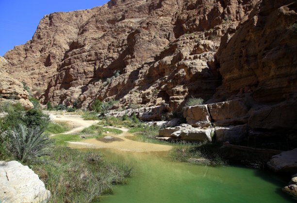 阿曼瓦迪沙布峡谷岩壁间的小池塘图片下载