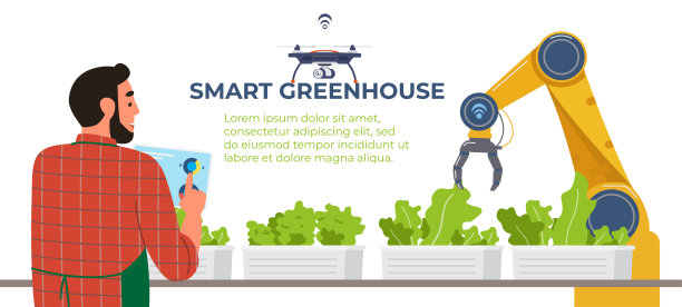 智能温室平面矢量横幅。农民手持平板与应用程序的远程控制图片下载