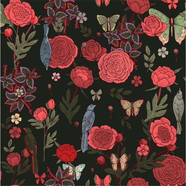 牡丹,玫瑰,花朵。墙纸和织物的无缝图案。背景说明。手绘轮廓。园林植物的开花抽象工厂图片。向量图片下载