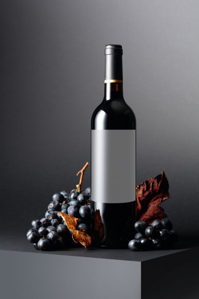 一瓶红酒和蓝色的葡萄和干燥的藤叶在一个黑暗的背景。图片下载