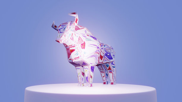 多边形风格化公牛雕像在一个支架上，象征着2021年的新年，3d渲染图片下载