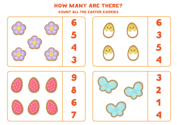 儿童数数游戏。计算复活节饼干。图片下载