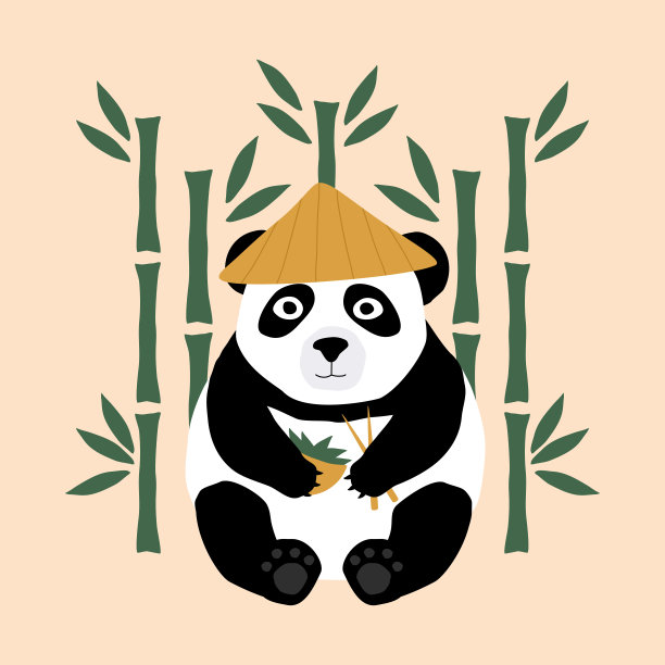 可爱的熊猫戴着中国帽子，带着筷子和食物碗。中国熊猫濒临灭绝。以竹林为背景的熊猫卡通。图片下载