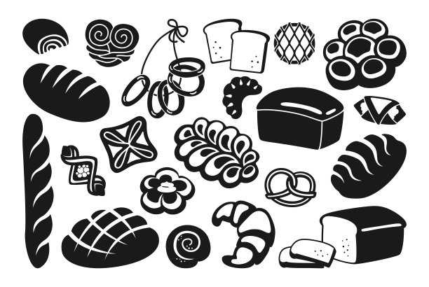 面包黑色象形图图标设置谷物面包向量图片下载