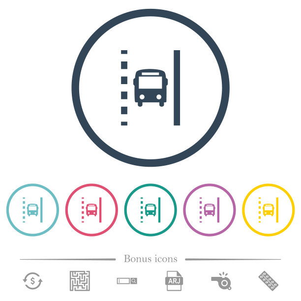 公共汽车车道平面颜色图标在圆形轮廓图片下载