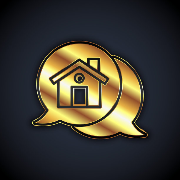黄金房地产信息屋在语音气泡图标孤立在黑色背景。向量图片下载