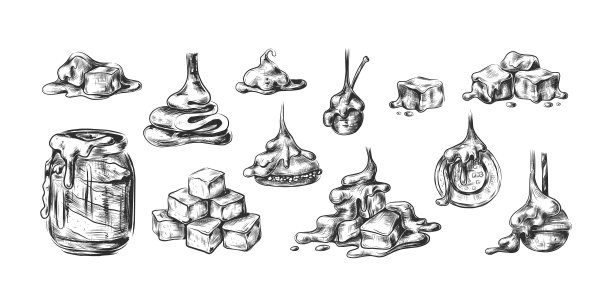 液体焦糖。太妃糖滴素描风格收集，甜甜点飞溅，糖果糖浆或浇头甜点，方形糖棒棒糖。矢量焦糖酱隔离集图片下载