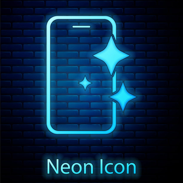 发光的霓虹灯玻璃屏幕保护器，智能手机图标隔离在砖墙背景上。玻璃保护膜。透明柔软的手机玻璃。向量图片下载