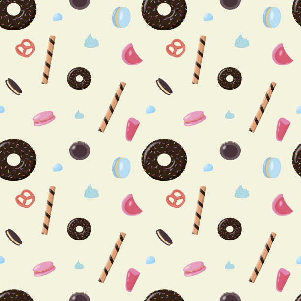 甜管，巧克力甜甜圈，松饼和糖果的矢量模式在一个浅黄色的背景素材图片
