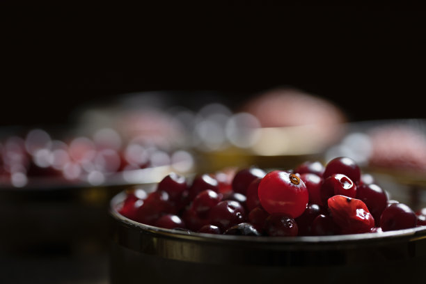 特写美味和健康的早餐。选择性聚焦照片奇亚种子，天然酸奶，和新鲜的浆果，如蔓越莓，草莓和加仑子。健康食品的概念。图片下载