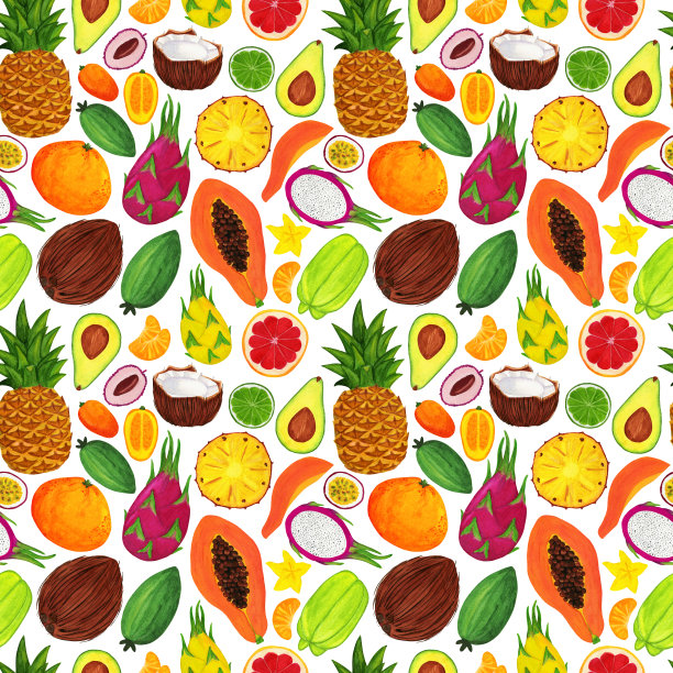 大热带水果混合无缝模式。水彩插画与异国情调多汁的水果。菠萝，菲约，阿龙热，木瓜，火龙果，杨桃。不错的彩色夏日图片，布料，墙纸图片下载