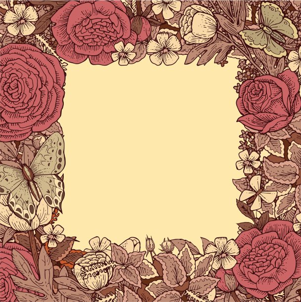 牡丹,玫瑰,花朵。方形框架。背景说明。手绘轮廓。园林植物的开花抽象工厂图片。向量图片下载