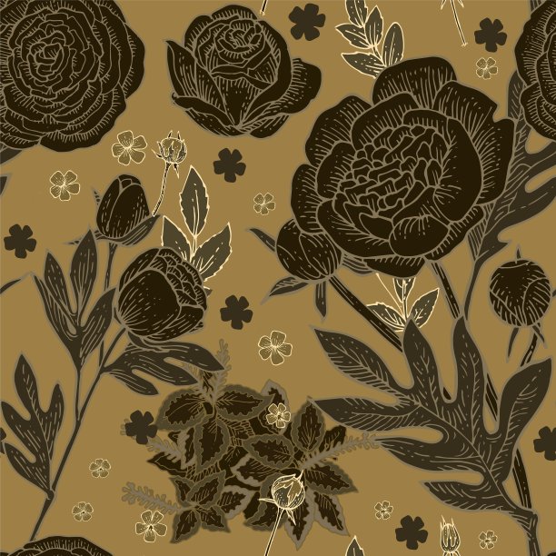 牡丹,玫瑰,花朵。墙纸和织物的无缝图案。背景说明。手绘轮廓。园林植物的开花抽象工厂图片。向量图片下载