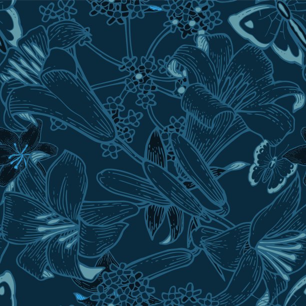 莉莉花。墙纸和织物的无缝图案。背景说明。手绘轮廓。园林植物的开花抽象的花卉图片与蝴蝶。向量图片下载