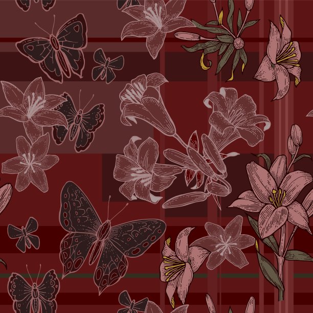 莉莉花。墙纸和织物的无缝图案。背景说明。手绘轮廓。园林植物的开花抽象的花卉图片与蝴蝶。向量图片下载