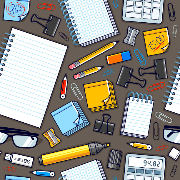 办公桌面顶视图用很多不同的文具元素无缝矢量壁纸，商务工作主题图像用多样的对象插图图片。图片下载