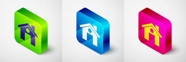 等距房屋图标孤立在灰色背景。家的象征。方形按钮。向量图片下载