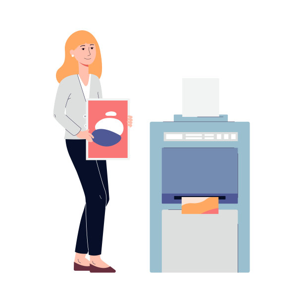 女印刷厂员工手持彩色复印印刷设备工作。图片下载