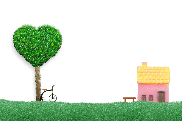 可爱的独立式别墅在乡村与一颗心形的树和一辆自行车，健康，生活质量的概念在新的现实，手工与闪光和照片的对象。图片下载