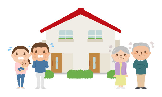 房子的插图。这对年轻夫妇遇到了麻烦。老夫妇对住在一起很生气。图片下载