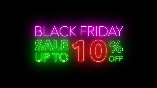 黑色星期五促销彩色霓虹灯横幅在黑色背景的促销。概念推广品牌销售系列10-90%图片下载