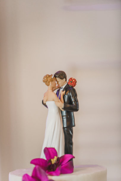 浪漫的新娘和新郎跳舞蛋糕顶部白色婚礼蛋糕与粉红色的花图片下载