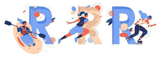 字母表收集的活动从r开始轮滑，橄榄球比赛和漂流妇女。女性的微笑人物，健康的生活方式，享受极限运动图片下载