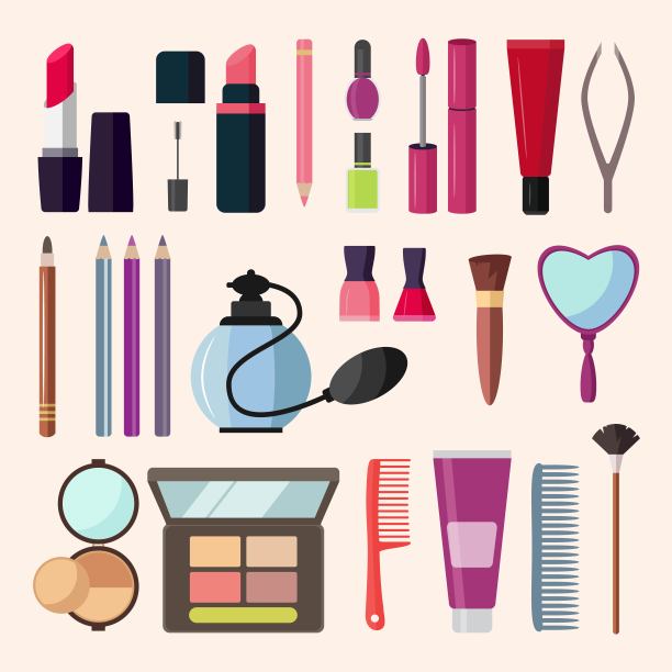 脸部化妆工具对象图标集。化妆品和配件收藏图片下载