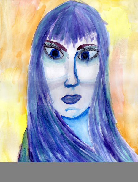 水彩素描抽象年轻女孩失望抑郁的脸与白皙的皮肤，蓝色的眼睛和葱郁的波浪浅紫色的头发在黄色的背景图片下载
