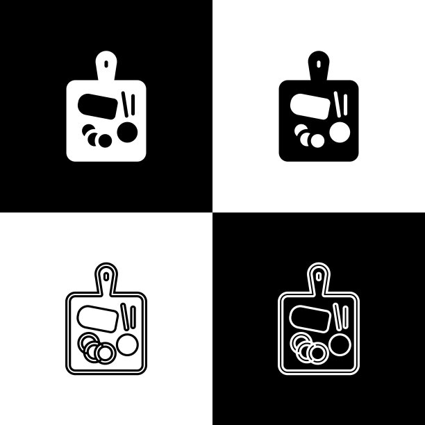 设置切割板图标隔离在黑色和白色背景。切菜板的象征。向量图片下载