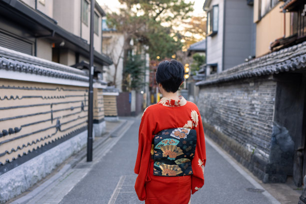后视图的日本妇女在街上走和服图片下载