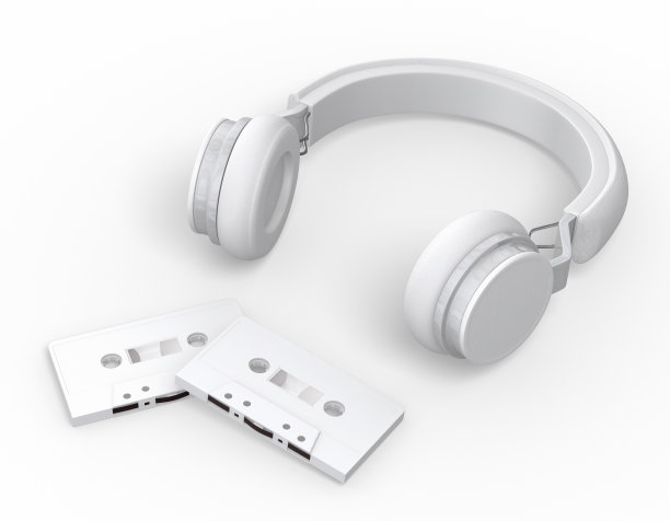 模拟白色无线耳机和磁带磁带，3d渲染图片下载