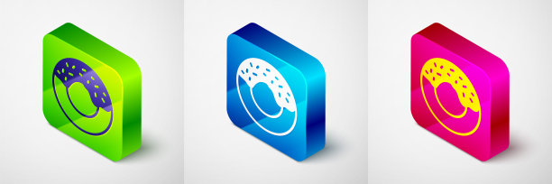 等距甜甜圈与甜釉图标孤立在灰色背景。方形按钮。向量图片下载