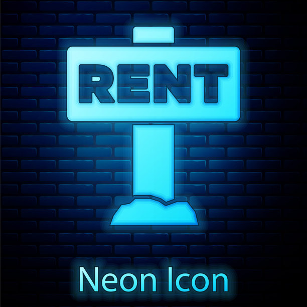 发光的霓虹灯悬挂标志与文字出租图标隔离在砖墙的背景。标牌上写着“出租”字样。向量图片下载