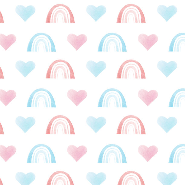 水彩无缝图案彩虹和心粉背景。粉色和蓝色的孩子彩虹心。彩虹宝贝数码纸图片下载