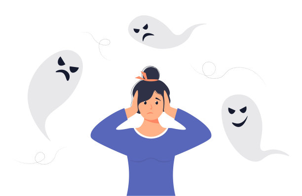 焦虑或恐惧的概念。女人周围的消极思想。焦虑和恐慌。那个女人用手捂住耳朵。女性角色饱受消极思想或情绪的折磨。图片下载