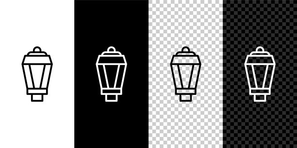 设置线花园灯灯图标孤立在黑白，透明的背景。太阳能灯。灯笼。路灯。向量图片下载