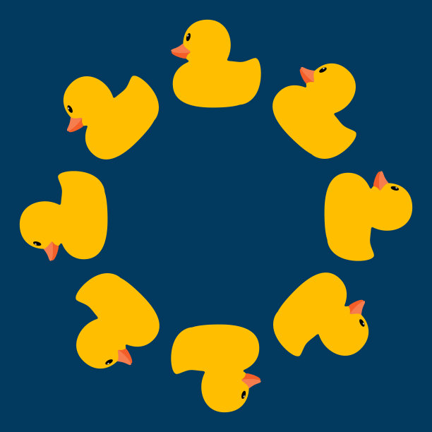 黄色鸭子圆形框架矢量插图在蓝色的背景图片下载