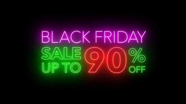 黑色星期五促销彩色霓虹灯横幅在黑色背景的促销。概念推广品牌销售系列10-90%图片下载