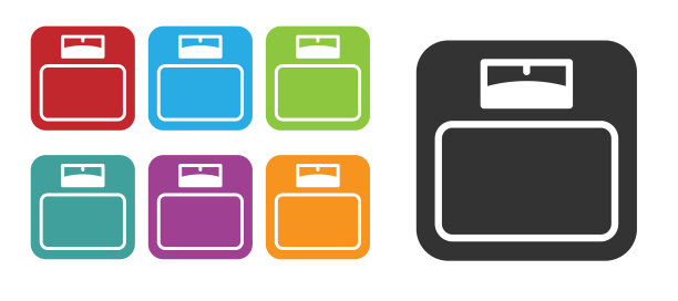 黑色浴室天平图标孤立在白色背景。体重测量设备。体重秤健身运动概念。设置图标丰富多彩。向量图片下载