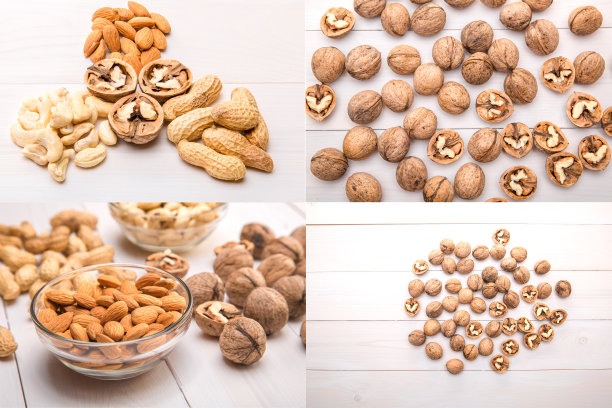 坚果被摆放成心形。玻璃盘中有杏仁、花生、腰果。一组不同类型的坚果照片。图片下载