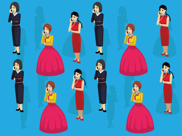 漫画女人亚洲传统服装说话卡通人物插图无缝背景图片下载