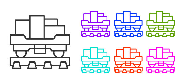 黑线货车图标孤立在白色背景。完整的货车。铁路运输。设置图标丰富多彩。向量图片下载