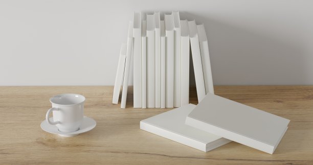 3d渲染工作桌与白色背景。空白的书和咖啡杯。最小的工作区。墙模板的概念。图片下载