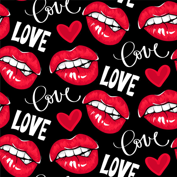 性感的红唇无缝模式。女人的嘴角上涂着红色的口红和情书。化妆品和化妆背景。图片下载